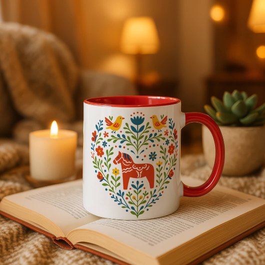 Dala Horse Folk Art Hygge Heart Pattern Mug Mok
