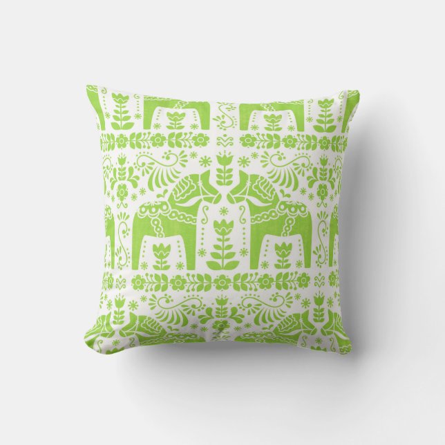 Dala Horse, Lime Green Folk Print Sierkussen (Voorkant)
