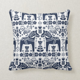 Dala Horse, Navy Blue & White Folk Print Kussen