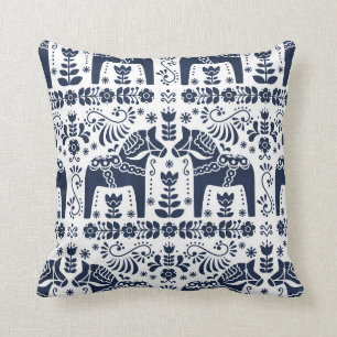 Dala Horse, Navy Blue & White Folk Print Kussen