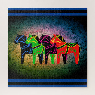 Dala Horse, rood, groen, blauw, zwart, folkpaard Legpuzzel