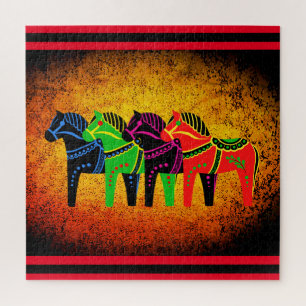 Dala Horse, rood, groen, blauw, zwart, folkpaard Legpuzzel