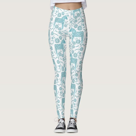 Dala Horse Swedish Blauwgroen and White Pattern Leggings (Voorkant)