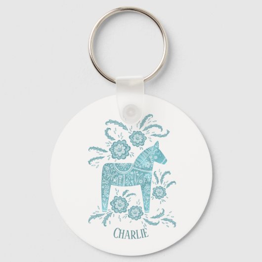 Dala Horse Swedish Folk Art Blauwgroen groene aang Sleutelhanger (Voorkant)