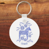 Dala Horse Swedish Folk Art Blue Custom Name Sleutelhanger (Voorkant)