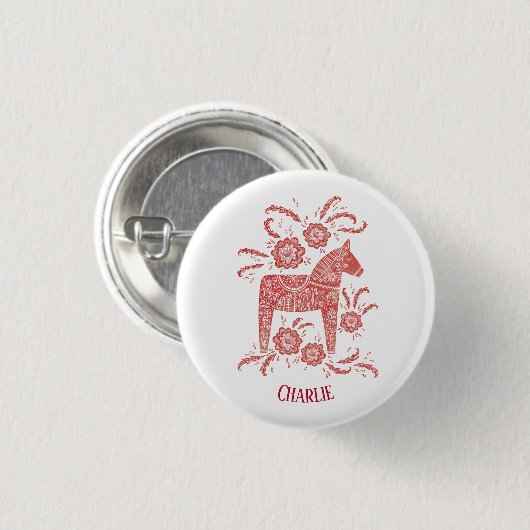 Dala Horse Swedish Folk Art Persoonlijk Ronde Button 3,2 Cm (Voorkant /achterkant)
