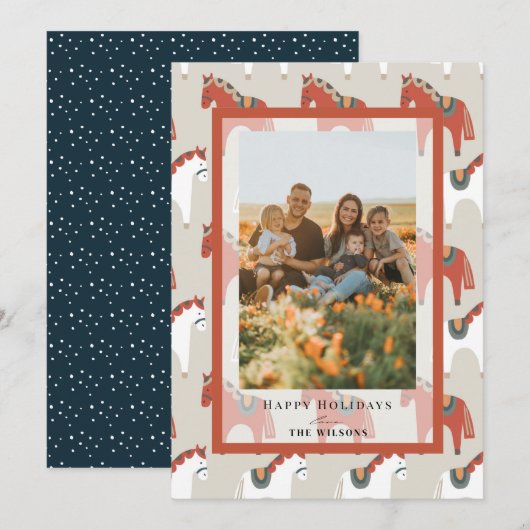 Dala Paard Patroon Kerstvakantie Fotokaart Kaart (Voorkant / Achterkant)