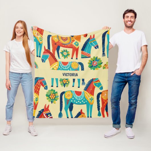 Dala Paard Waterverf Aangepast Patroon Fleece Deken (In situ)