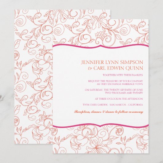 Dalia (Oranje & Fuschia) huwelijksuitnodiging Kaart (Voorkant / Achterkant)