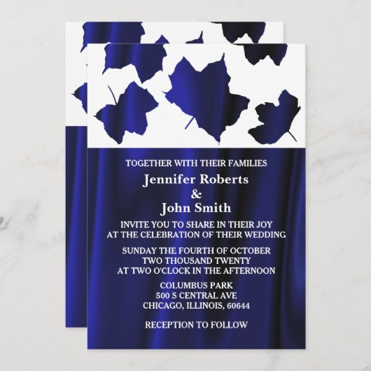 Dall Leaves Deep Blue Satin White Unique Weddensch Kaart (Voorkant / Achterkant)