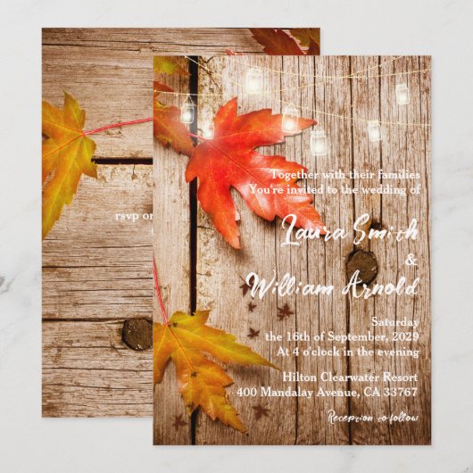 Dall Leaves & Ggloing Mason Jars Rustic Wedding Kaart (Voorkant / Achterkant)