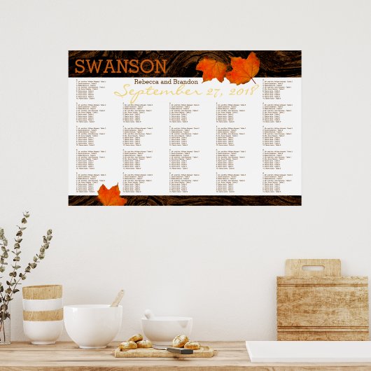 Dall Leaves Rustic Wood Wedding Seding Chart Poster (Keuken)