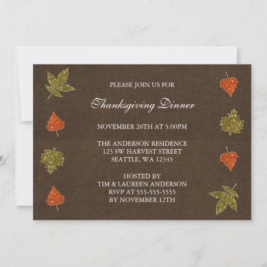 Dall Leaves Sparkle Thanksgiving Party Invitations Kaart (Voorkant)