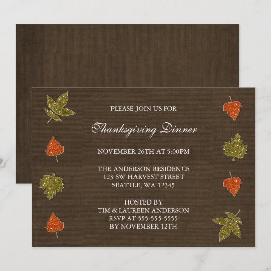 Dall Leaves Sparkle Thanksgiving Party Invitations Kaart (Voorkant / Achterkant)