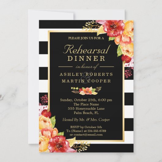 Dall Wedding Rehearsal Dinner Gold Floral Stripes Kaart (Voorkant)