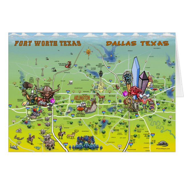 Dallas Fort Worth Cartoon Map (Voorkant Horizontaal)
