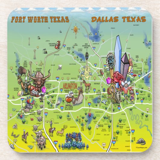 Dallas Fort Worth Cartoon Map Bier Onderzetter (Voorkant)