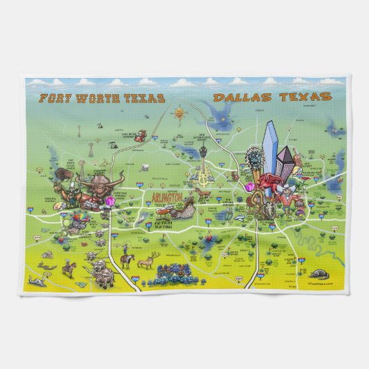 Dallas Fort Worth Cartoon Map Theedoek (Horizontaal)