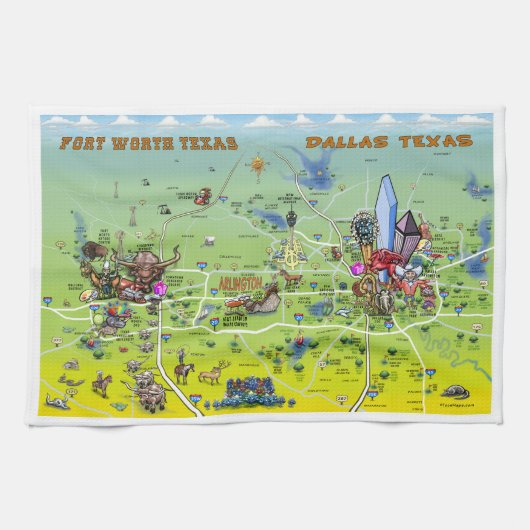 Dallas Fort Worth Cartoon Map Theedoek (Horizontaal)