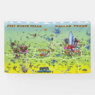 Dallas Fort Worth Texas Cartoon kaart Spandoek