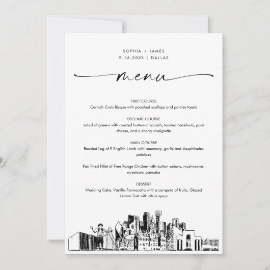 Dallas Skyline Bruiloft Diner Menu Kaart 5x7 (Voorkant)