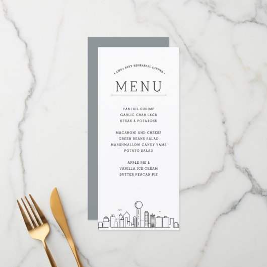 Dallas Skyline | Huwelijksevenement Diner Menu (Voorkant / Achterkant in situ)