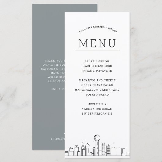 Dallas Skyline | Huwelijksevenement Diner Menu (Voorkant / Achterkant)