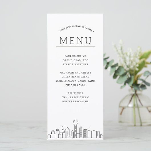 Dallas Skyline | Huwelijksevenement Diner Menu (Staand voorkant)