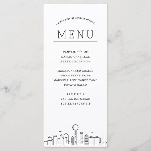 Dallas Skyline | Huwelijksevenement Diner Menu (Voorkant)