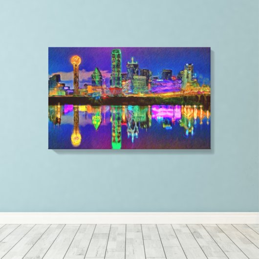 Dallas Skyline op Night Chrome Edited Canvas Art (Insitu (Houten vloer))