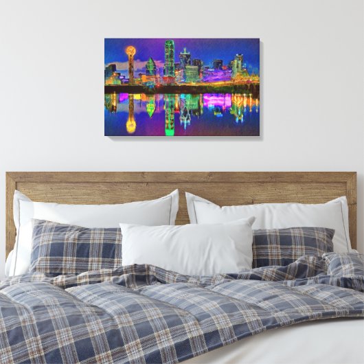 Dallas Skyline op Night Chrome Edited Canvas Art (Insitu (Slaapkamer))