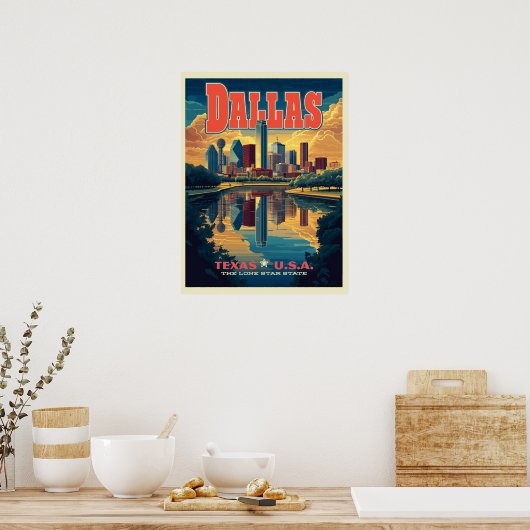 Dallas Skyline Retro Reizen Poster (Keuken)