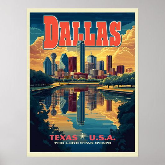 Dallas Skyline Retro Reizen Poster (Voorkant)
