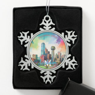 Dallas Skyline Snowflake Pewter Kerstversiering Tin Sneeuwvlok Ornament