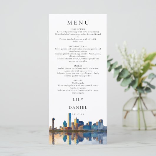Dallas Skyline Watercolor Destination Wedding Menu (Staand voorkant)