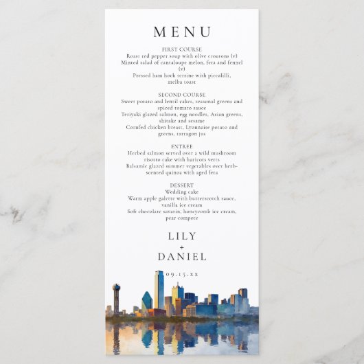 Dallas Skyline Watercolor Destination Wedding Menu (Voorkant)