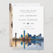 Dallas Skyline Watercolor Photo Wedding Save The Date (Voorkant / Achterkant)