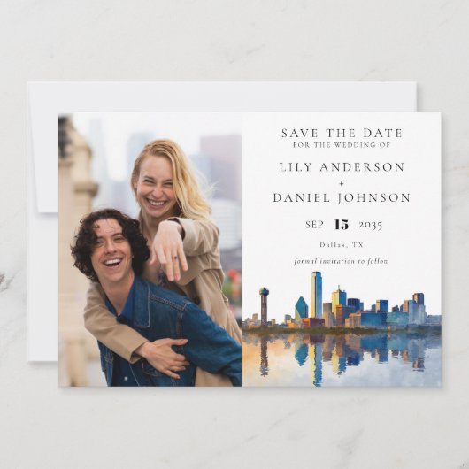 Dallas Skyline Watercolor Photo Wedding Save The Date (Voorkant)