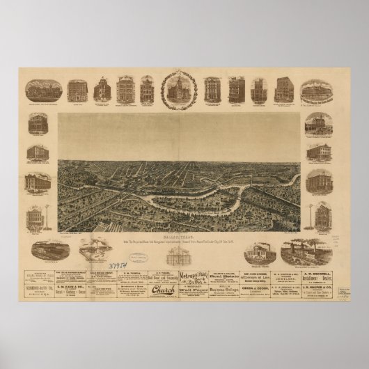 Dallas Texas 1892 Antiek Panorama Poster (Voorkant)