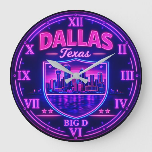 Dallas Texas Big D Skyline Neon Grote Klok (Voorkant)