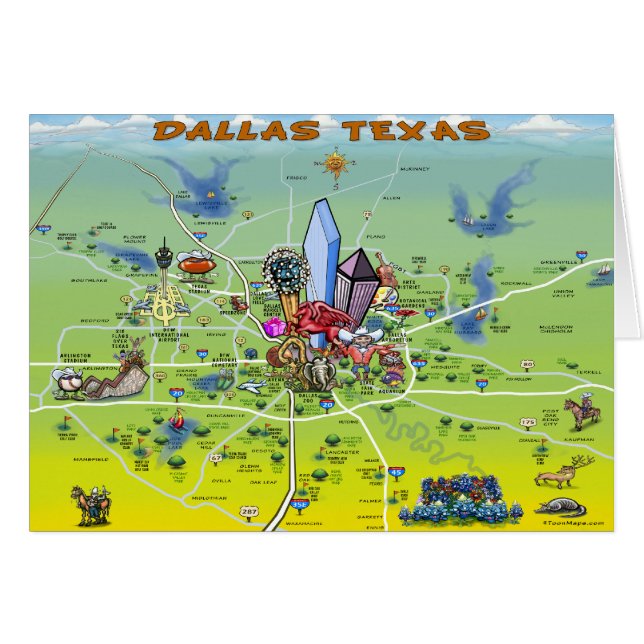 Dallas Texas Cartoon Map (Voorkant Horizontaal)