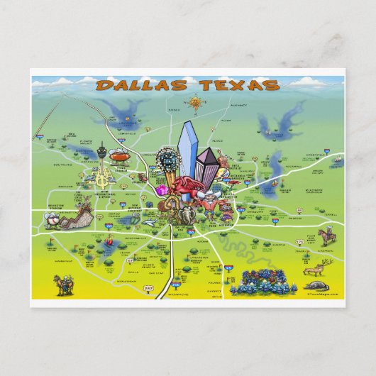 Dallas Texas Cartoon Map Briefkaart (Voorkant)