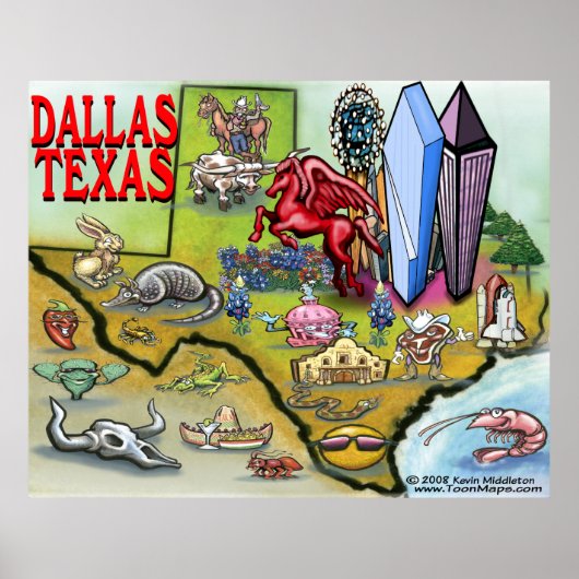 Dallas TEXAS Cartoon Map Poster (Voorkant)