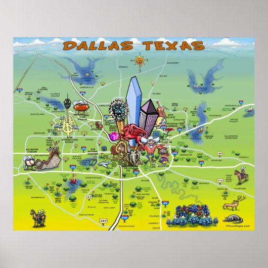 Dallas Texas Cartoon Map Poster (Voorkant)