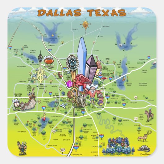 Dallas Texas Cartoon Map Vierkante Sticker (Voorkant)