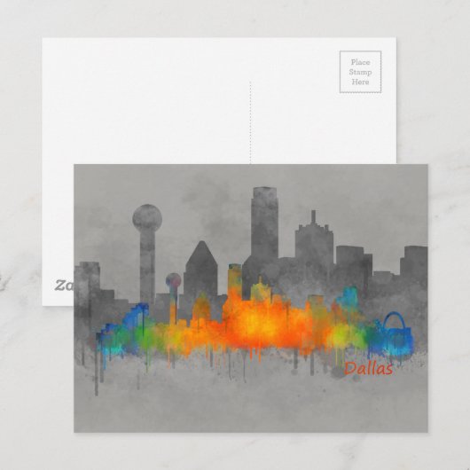 Dallas Texas City Waterverf Skyline Hq.US-steden Briefkaart (Voorkant / Achterkant)