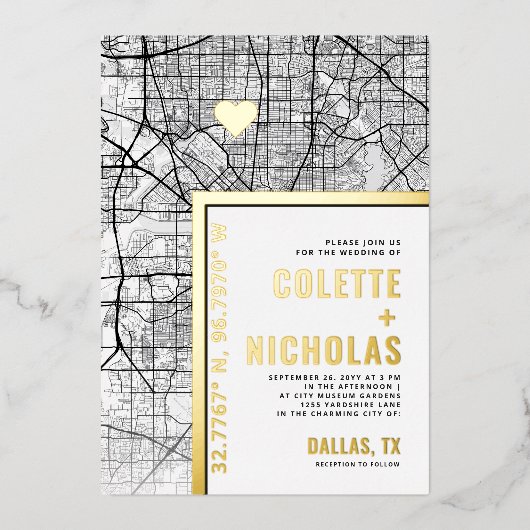 Dallas, Texas Love Locator | Stad thema bruiloft Folie Uitnodiging (Voorkant)