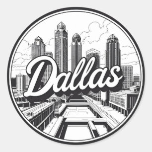 Dallas Texas Silhouet Zwart en Wit Stadsgezicht Ronde Sticker
