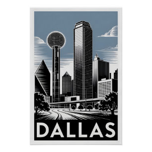 Dallas Texas Silhouette Zwart Wit Houtsnede Perfect Poster