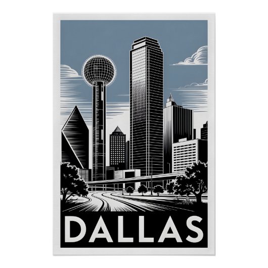 Dallas Texas Silhouette Zwart Wit Houtsnede Perfect Poster (Voorkant)